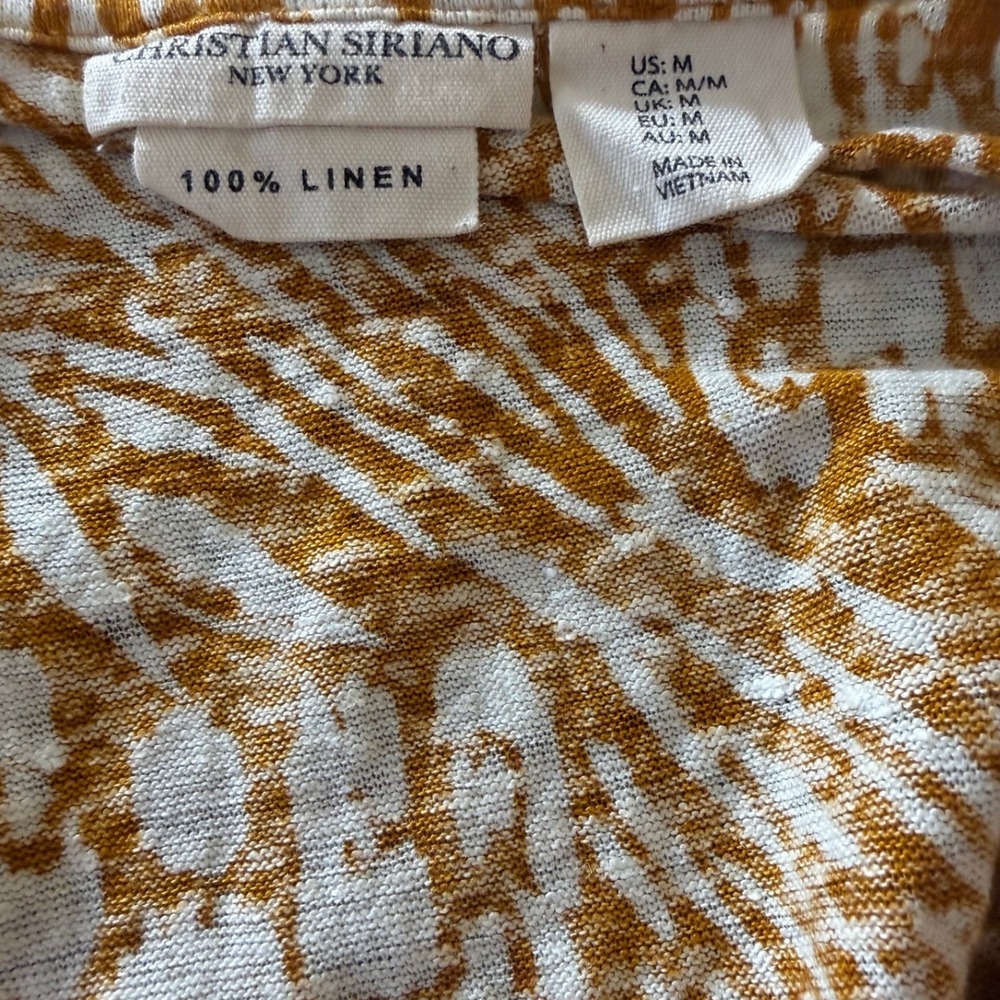 CHRISTIAN SIRIANO New York Mustard Yellow/Cream 100% Linen Tropical Top Size M - Picture 7 of 7